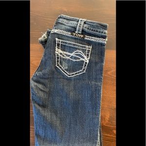 Cowgirl Tuff dark wash with white stitching